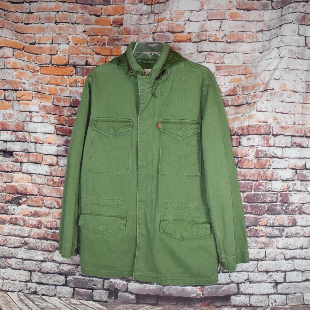 Levi's Medium Military Field Jacket Hidden Hood Army Green Parka - Picture 4 of 12